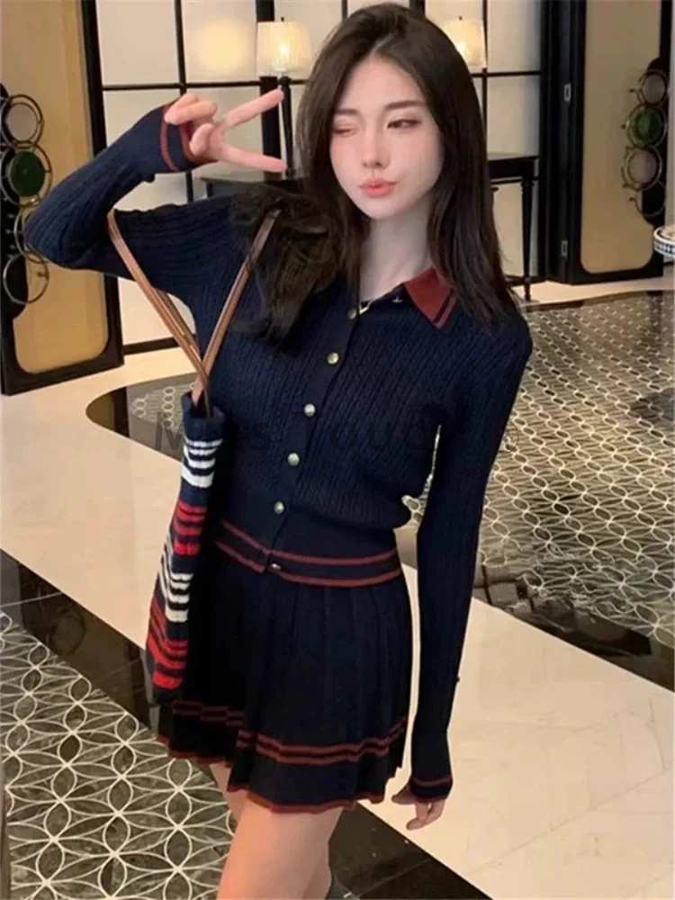 Preppy Style Vintage Knit 2 Piece Set Women Retro Lapel Sweater Tops Mini Pleated Skirt Contrast Color Casual Skirt Suit 2024