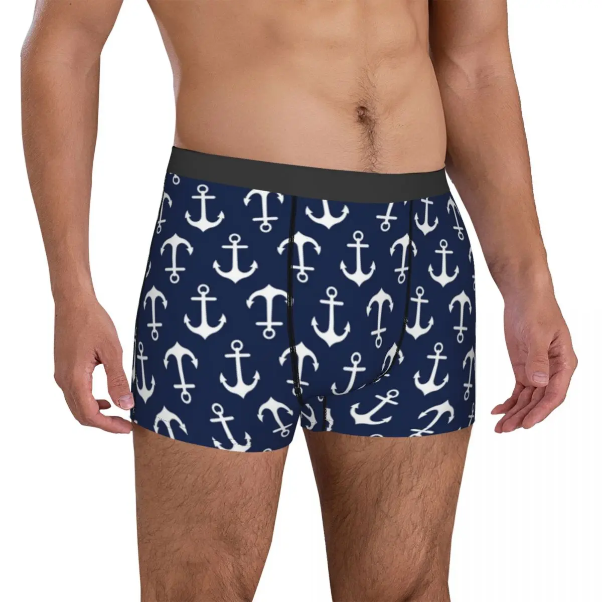 Navy Blue Nautical Underwear Anchor Pattern Print Trunk Trenky Men Panties Plain Boxer Brief Gift