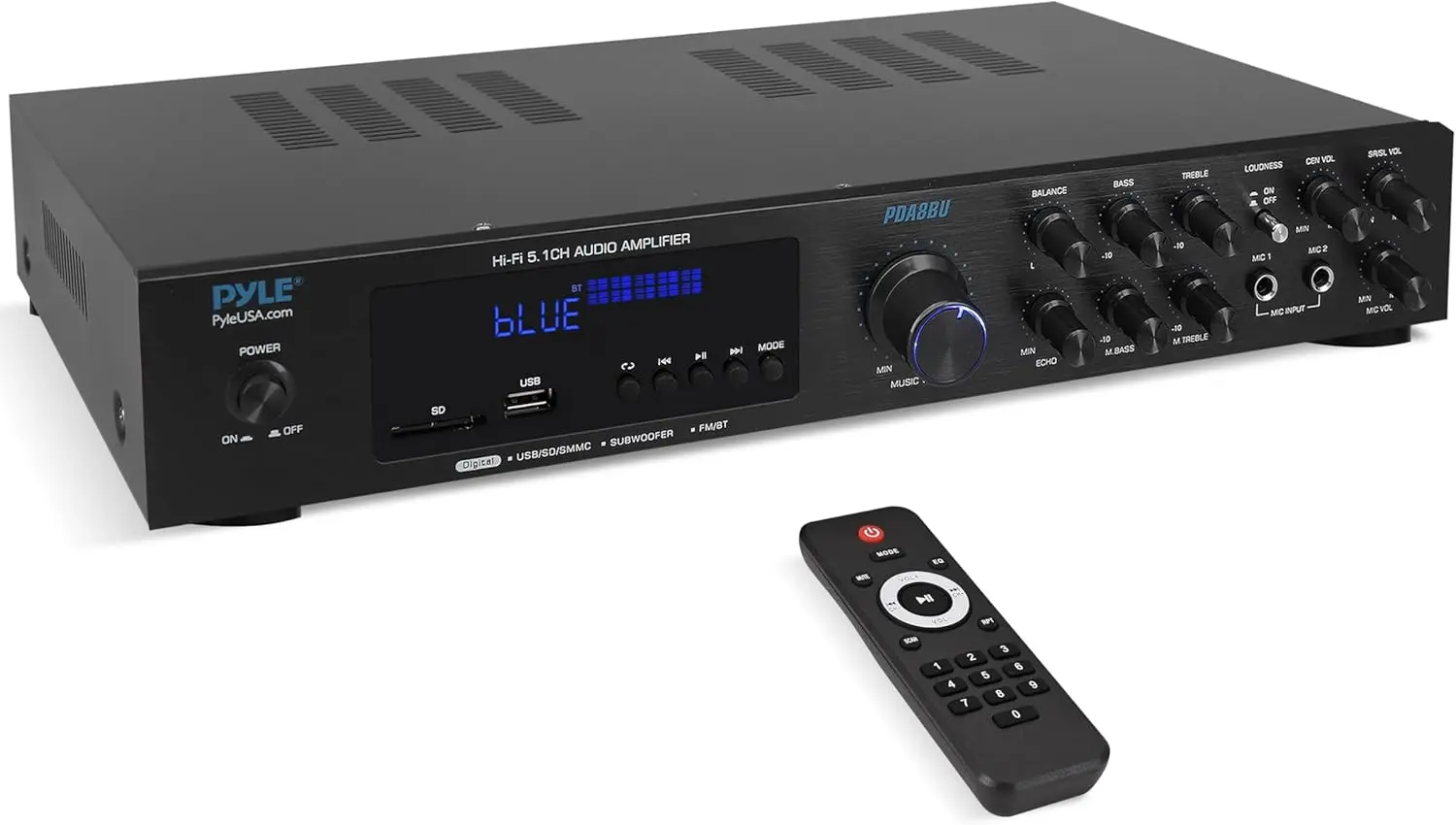 

Усилитель Bluetooth 5.1 с 5 каналами, выходом для сабвуфера, входами для микрофона, USB/SD-ридером для домашнего аудио и караоке