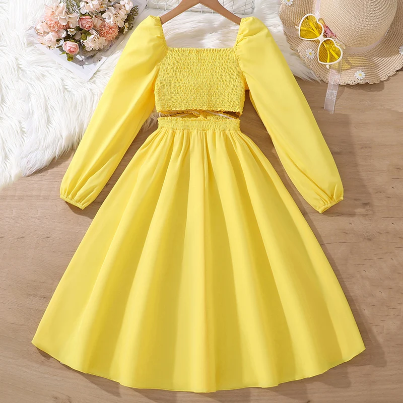 Kids Clothes Children Dress For Girls 8-12 Years Yellow Square Collar Bubble Sleeve Long Sleeve Hollow Waist Design Dress