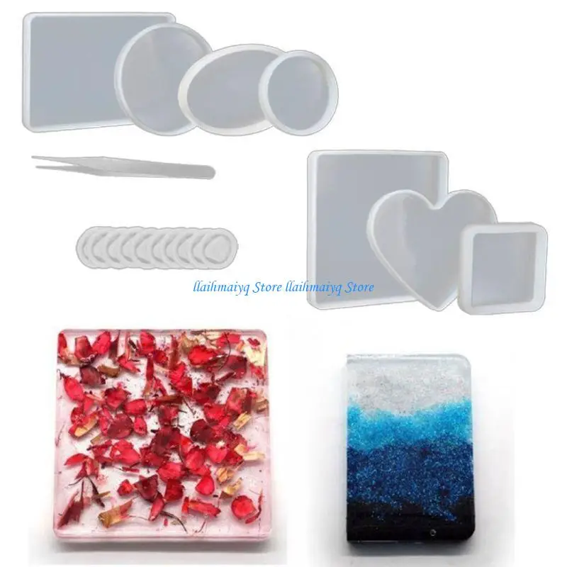 573B 18Pcs Handmade Silicone Resin Mold Round Square Rectangle Heart Oval Bottom DIY Molds Jewelry Making Tools