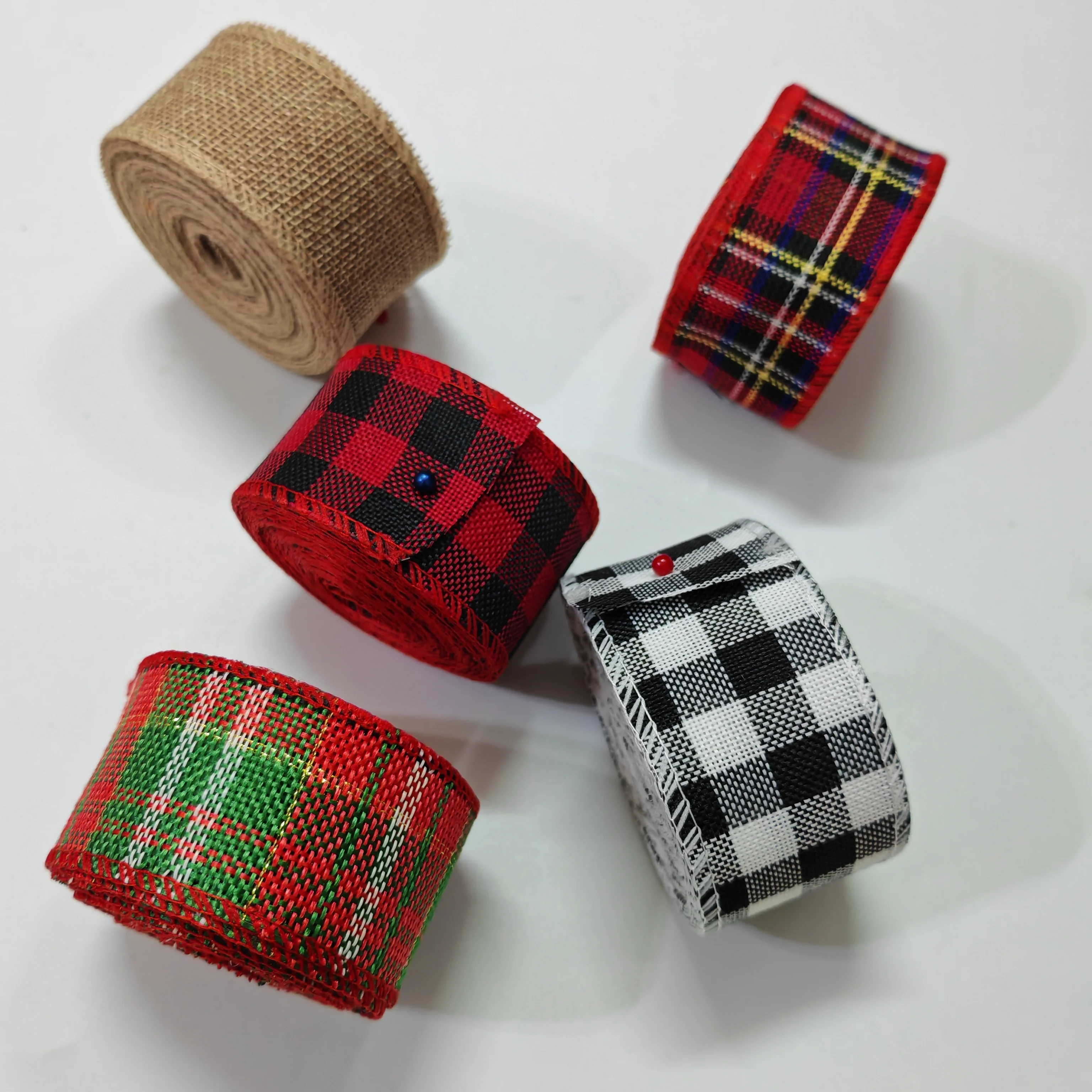 6 Meter Christmas Plaid Burlap Ribbon with Wire Edge, Buffalo Check Fabric Tape for Gift Packing Wreath DIY Decoration