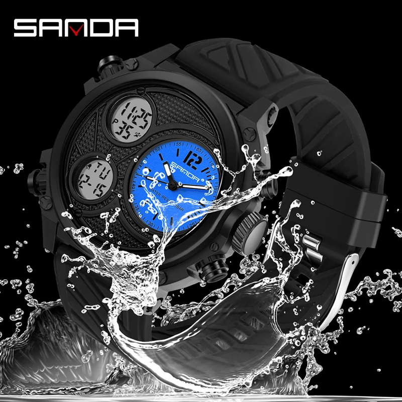 SANDA 3002 Tactical Teen Dual‑Display Electronic Wristwatch, Nightlight Waterproof Sports Watch For Male Students