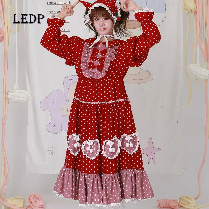 

Autumn Winter New Christmas Women's Clothing Original Design Retro Sweet Cute Girl Lolita Red Polka Dot Loose Dresses Ladies