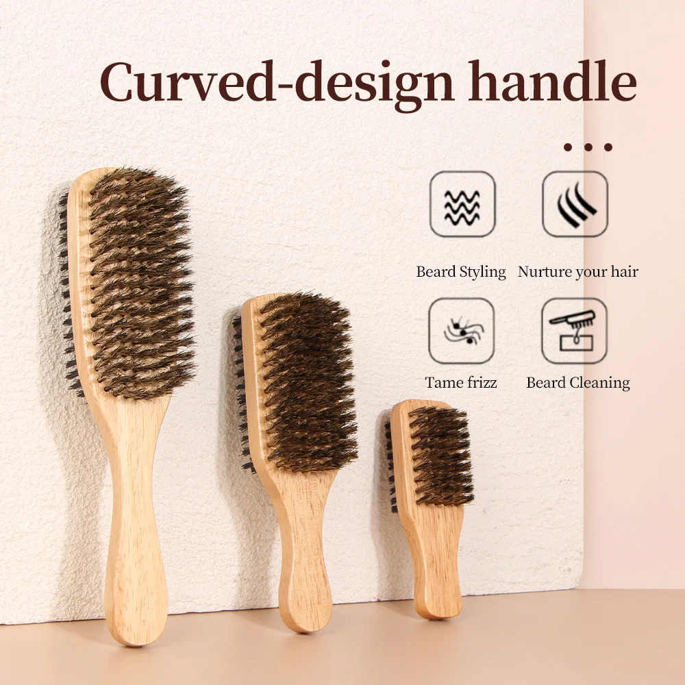 

A Men's Double-Sided Boar Bristle Beard Comb with a Long Wooden Handle, Cleaning Brush, Beauty Anti-Static Brush, Natural and High-Quality, Double-Sided Brush, 3 Models