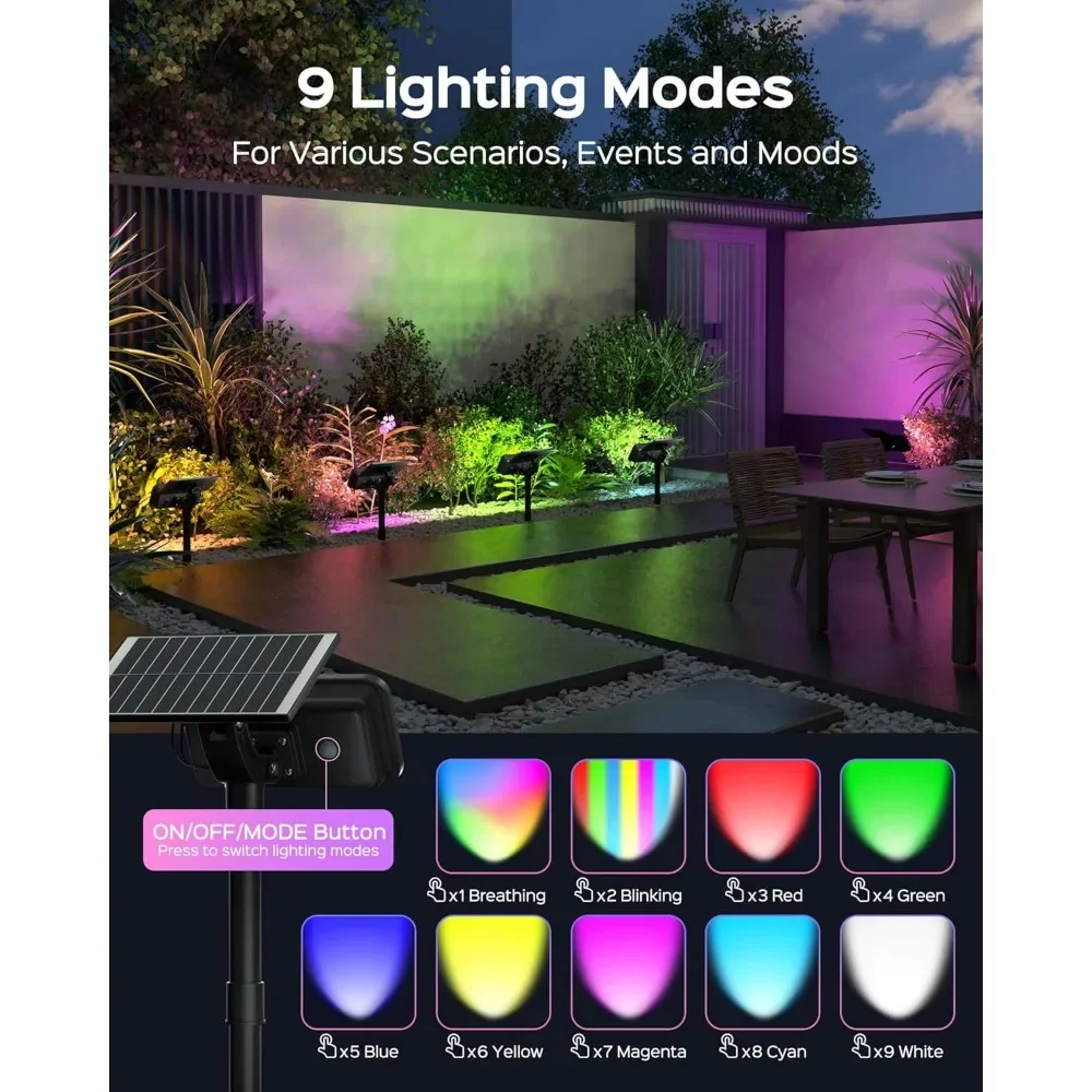 Color Changing Solar Spot Lights Outdoor, 84 LED Solar Lights Outdoor Waterproof with 9 Modes, Multicolor RGB Solar Lan