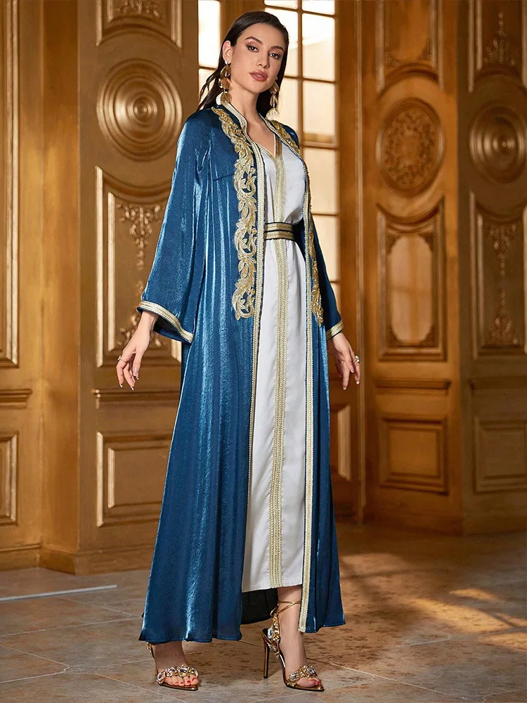 Saudi Arabic Kimono Cardigan and Inner Dress Muslim Matching Set for Women Dubai Luxury Abaya Turkey Kaftan Eid Djellaba Caftan