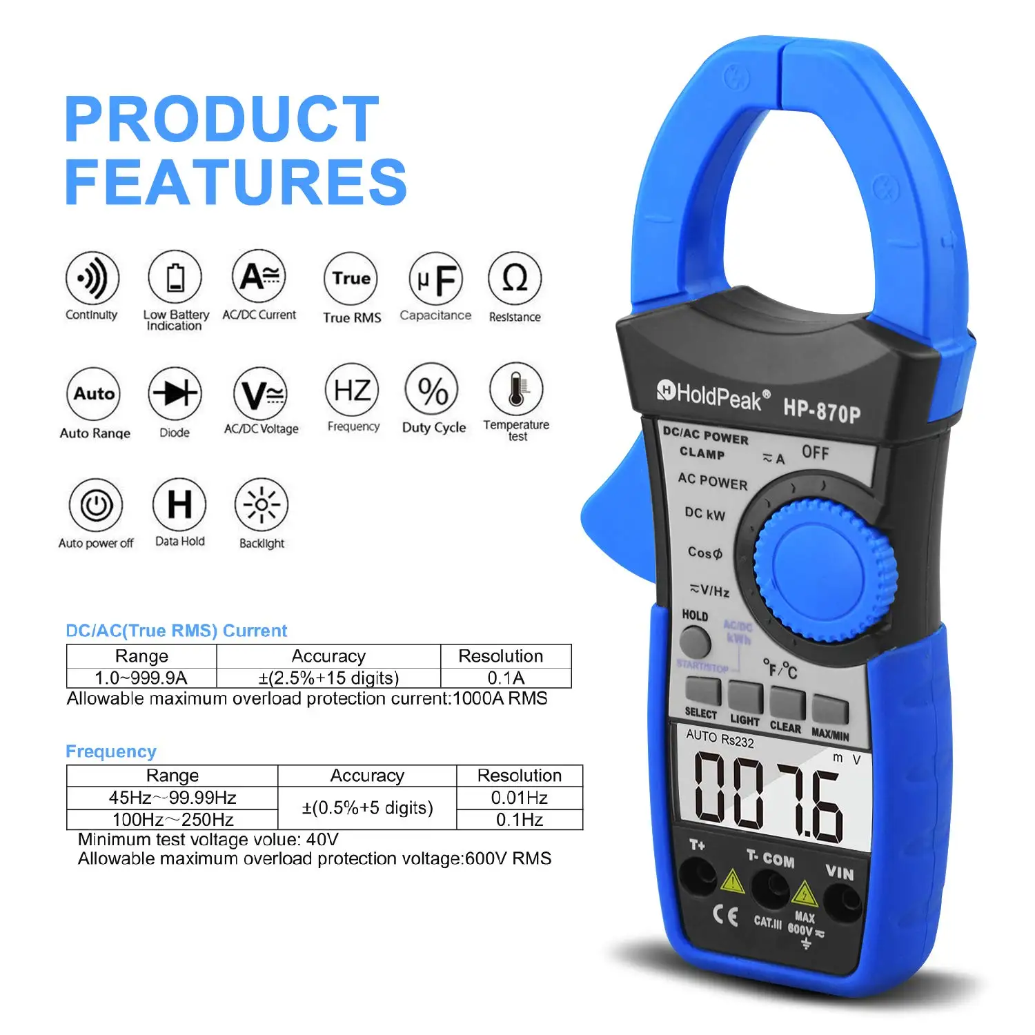 HP-870P Digital Clamp Meter T-RMS 9999 Count Max 300 KVA, Power Quality Clamp Meter with Current, Voltage(DC/AC), Power，Handheld