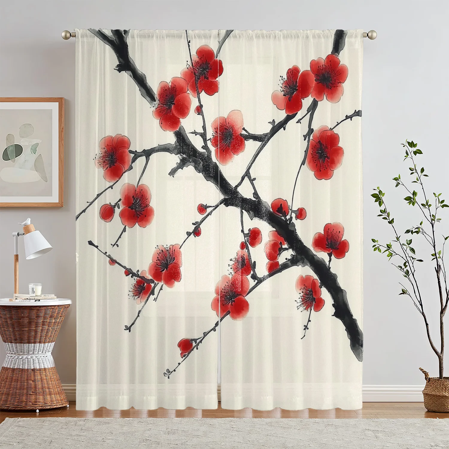 1pc White curtains with red plum blossom pattern on a polyester background. Machine washable. Suitable for living room bedroom.