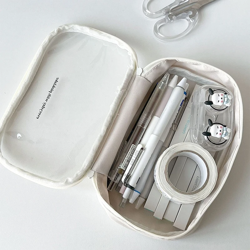 ~Student Pencil Pouch Simplicity Beige Color Series Pencil Case Transparent High Capacity Stationery Scrapbook Storag Bag