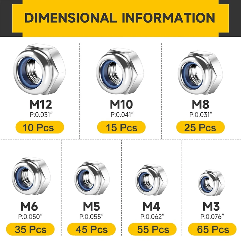 250 Pcs Lock Nuts, Metric Nut Assortment Kit, Nylon Insert Lock Sets, Stainless Steel Standard Threaded Nylock Nuts