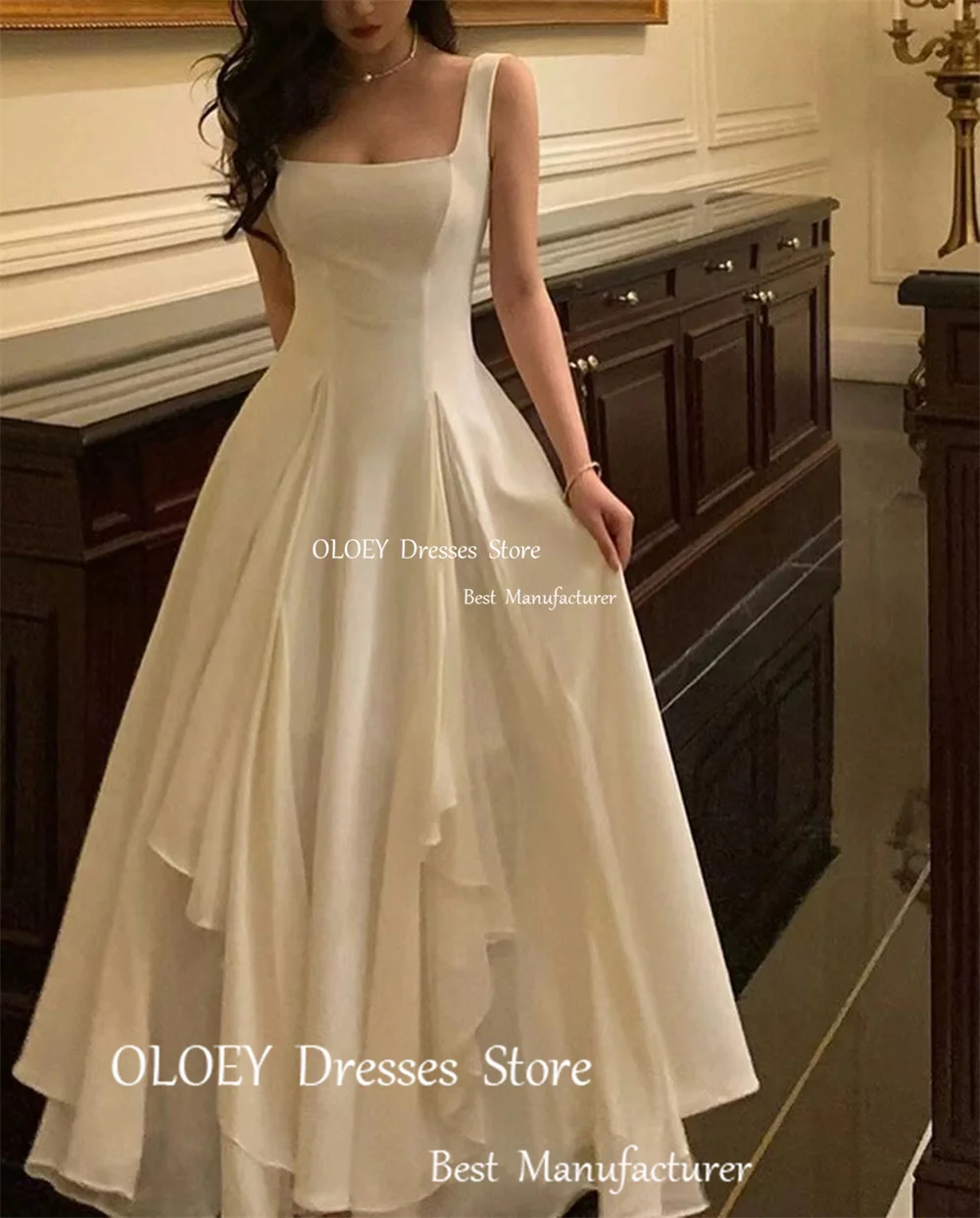 OLOEY Simple Satin White A Line Tiered Evening Gown Dress Ruched Square Collar Spaghetti Strap Floor Length Sleeveless Prom Gown