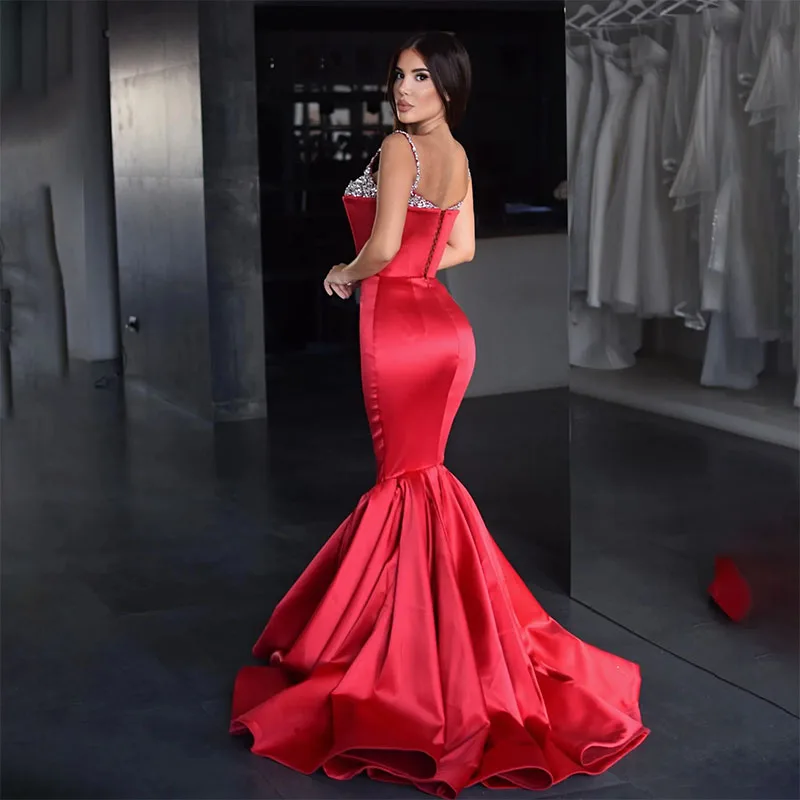 Red Mermaid Prom Dresses Beads Spaghetti Evening Dress Ruffles Bottom Formal Long Special Occasion Party dress