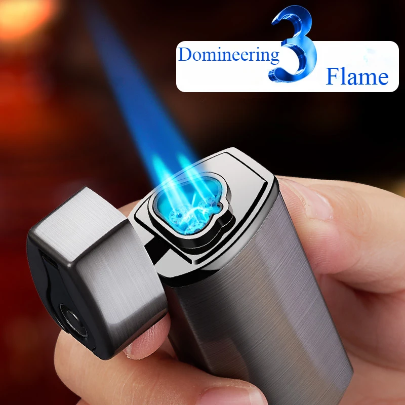 New Three-head Direct Injection Blue Flame Cigar Fire Inflatable Windproof Lighter Gas-Electricity Electronic Lighters & Smoking