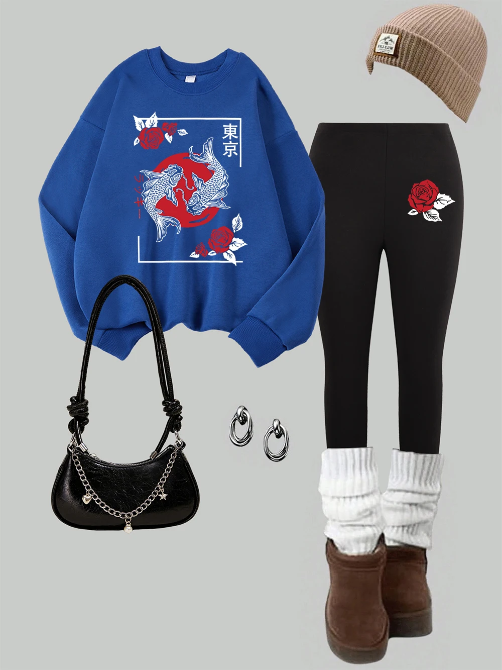2 Piece Womens Tokyo Koi Koi Fish Rose Harajuku Prints Sweatshirt Leggings Set Street Fleece Thermal Hoodie Pants Winter Clothes