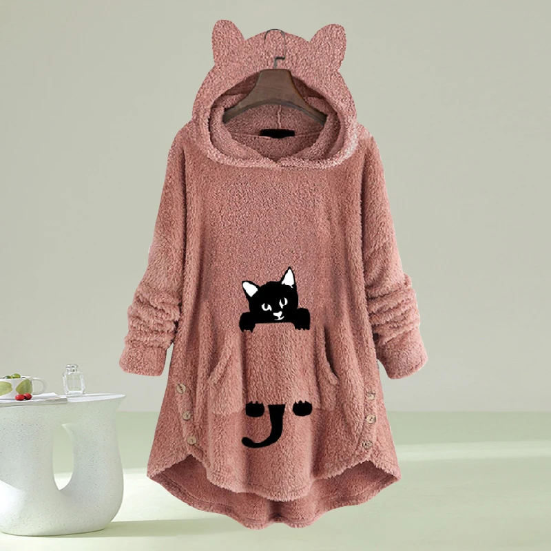 Cartoon Cat Hood Sweatshirt Women Winter Fleece Loose Long Sleeve Pullover Tops Streetwear Casual Hoodies Fluffy Warm Homwear