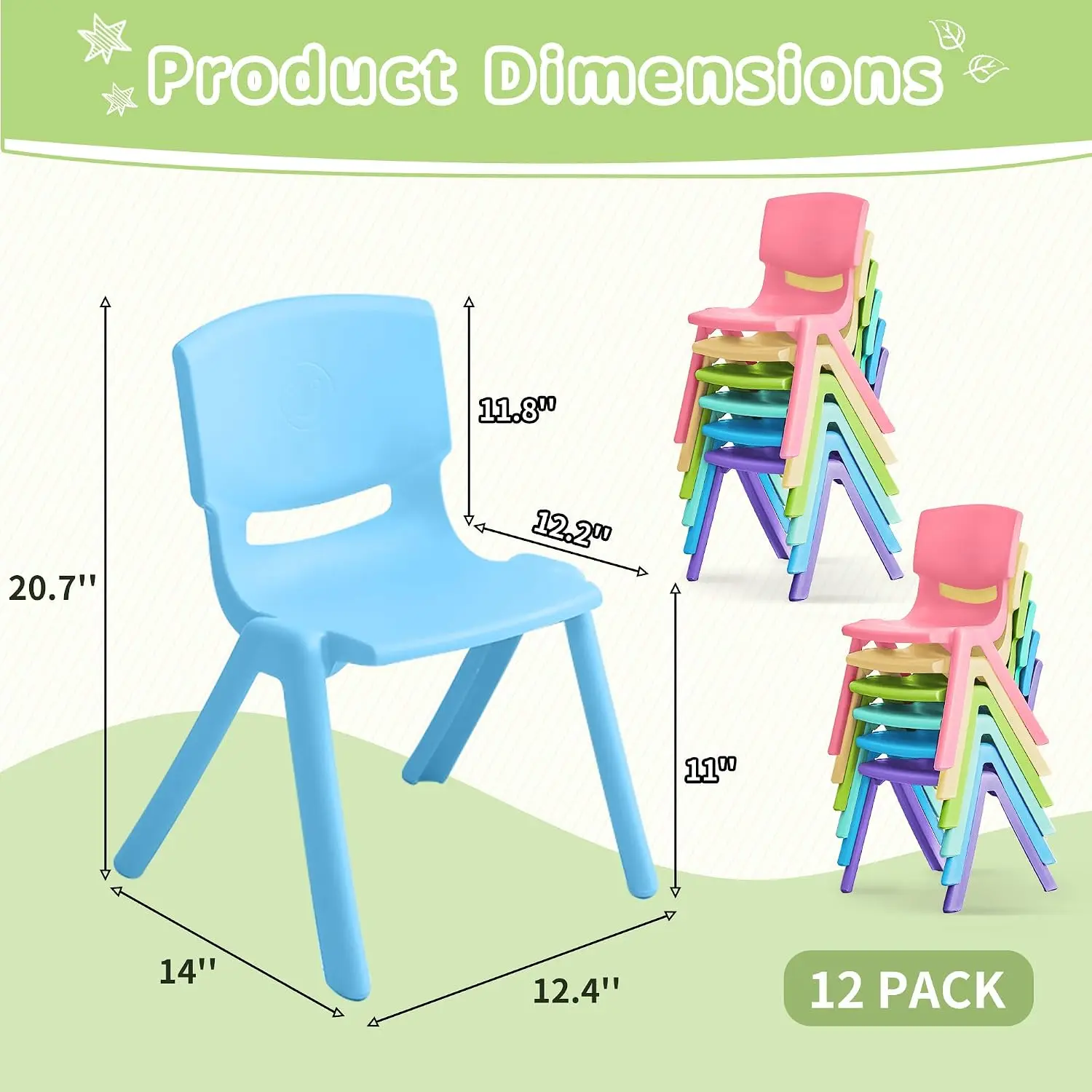 Stackable Plastic Seating Chairs, Colorful Flexible Indoor Furniture, Lightweight Ergonomic Activity Chairs, Assorted Light Colors, 12 Piece Set