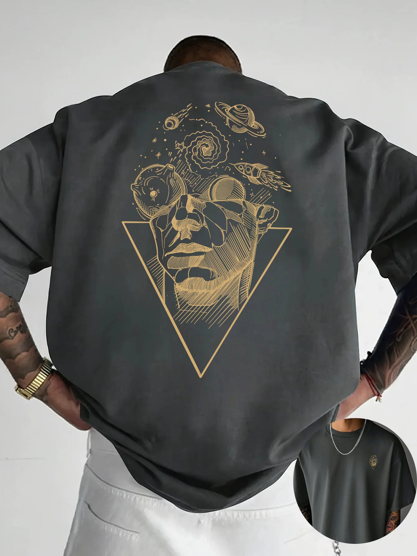 Stellar Consciousness Tee Featuring Gold Sketch of Face and Planets Men's T-shirt Summer Trendy Casual Wear