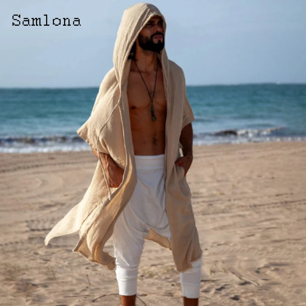 2026 Men Casual Beach Long Trench Coats Apricot Hooded Top Outerwear Vintage Basic Overshirt Male Half Sleeve Basic Cardigan New