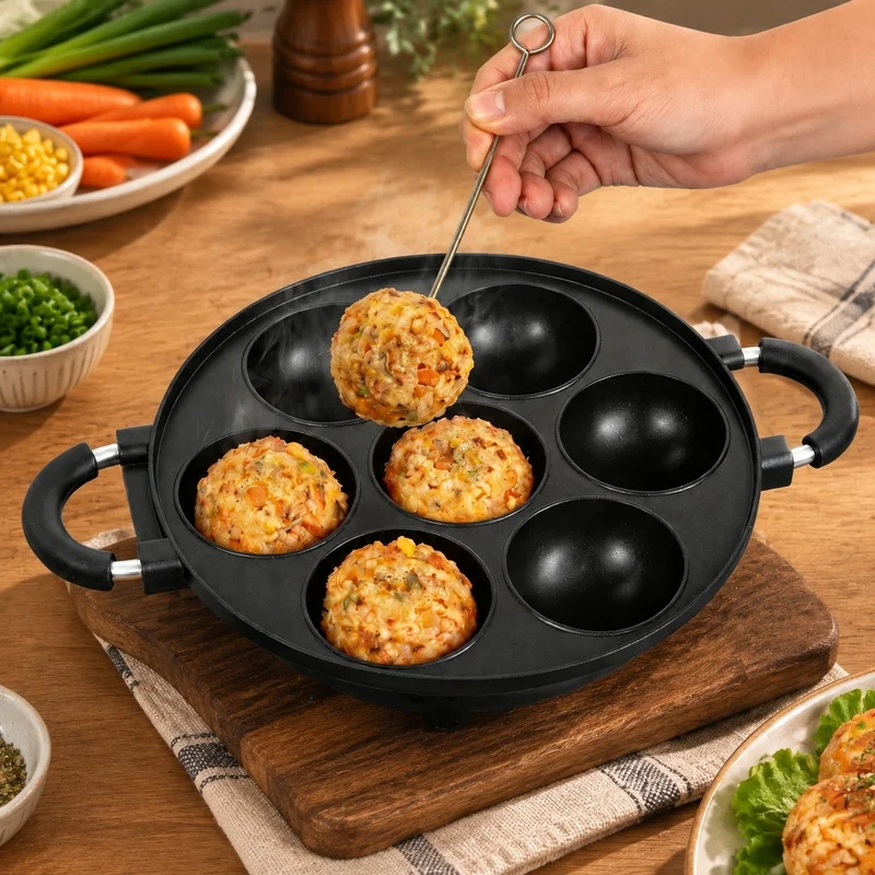 7-Cavity Aluminum Mold for Pancake Balls and Takoyaki with Non-Stick Surface, Ideal for Home Baking
