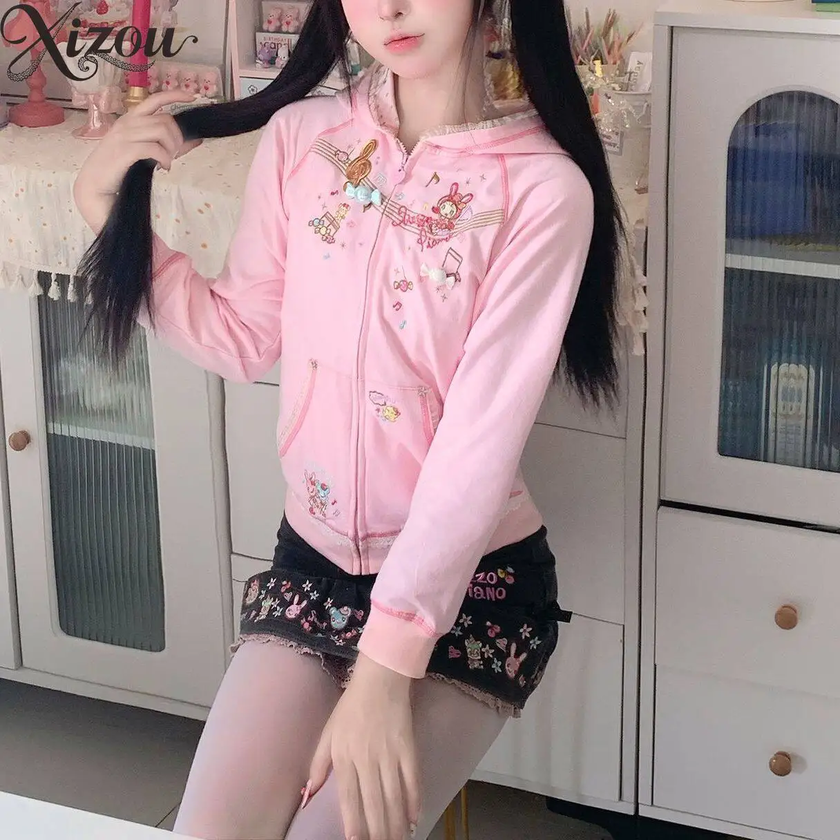 Japan-Inspired Rabbit Ear Hoodie Pink Zip-Up Sweatshirt Girls Sweet Cartoon Hoodies 2026 Spring Autumn Clothes Y2k Sweatshirt