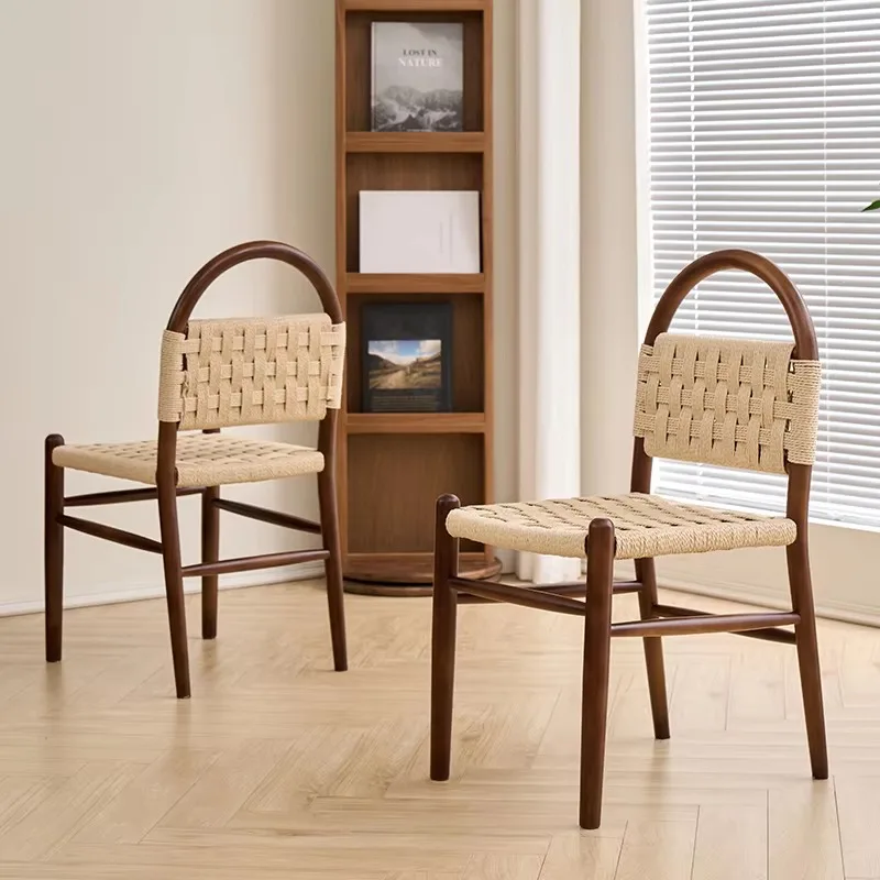 2025 نموذج جديد فرنسي عتيق كرسي طعام من الخشب الصلب حبل منسوج مسند ظهر على الطراز الأمريكي القديم أثاث منزلي للمنزل