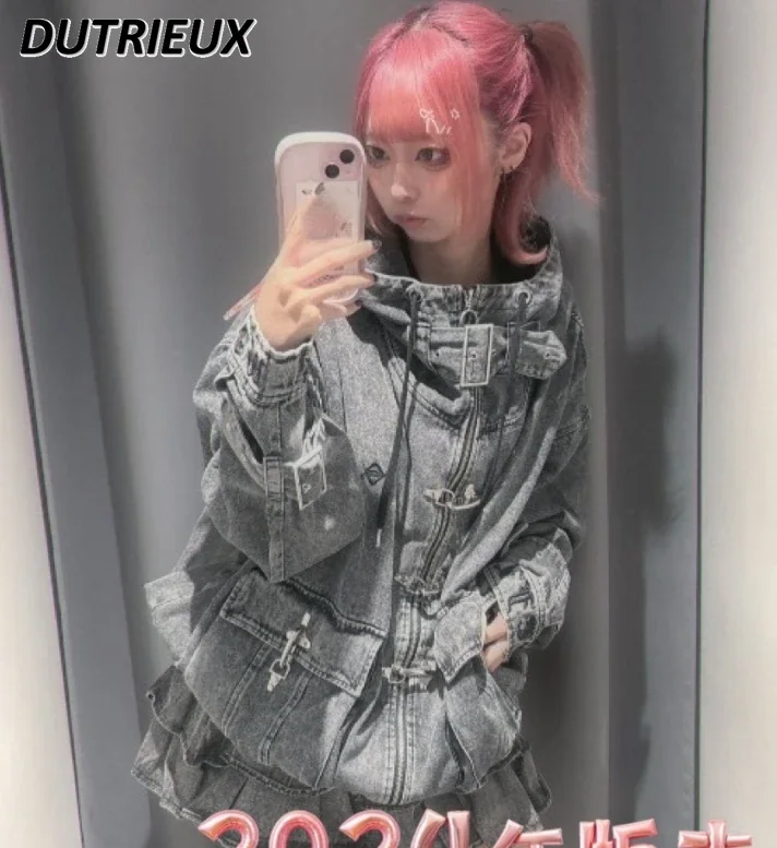 

Японский стиль Mine Harajuku Wind Black Sweet Girls Свободное пальто с капюшоном в стиле панк Темная готическая куртка на молнии с длинными рукавами для женщин