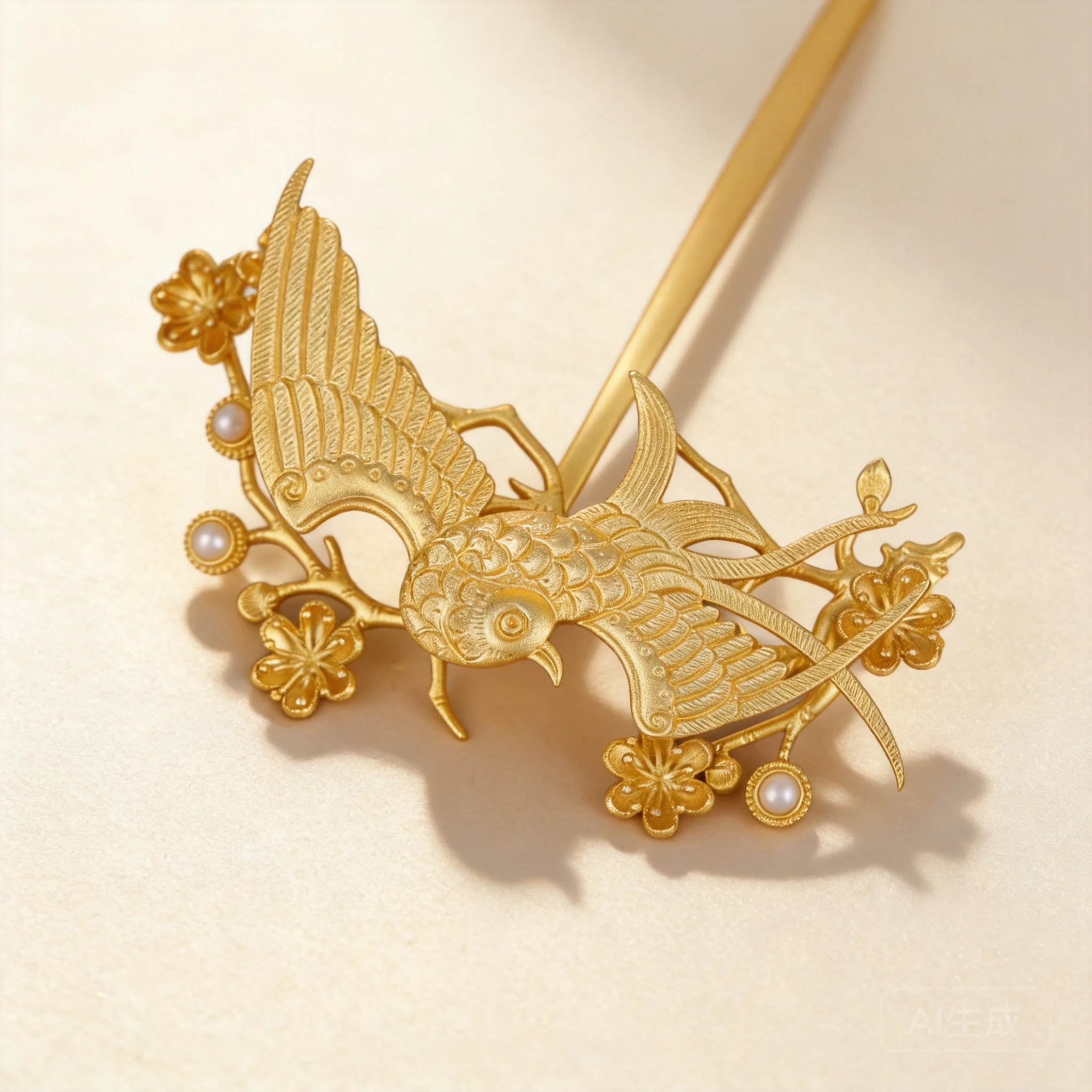 Chinese Traditional Auspicious Magpie Plum Blossom Hairpin Gold Plated Copper Faux Pearl Ming Dynasty Hanfu Hair Stick Vintage