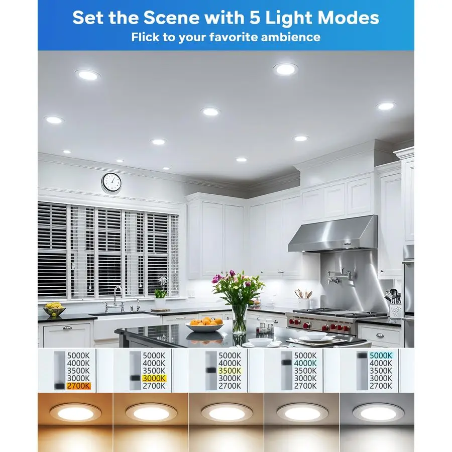 

12 Pack Recessed Lighting 6 Inch with Junction Box, UltraThin Dimmable 1200LM 2700K5000K Wafer Downlight, Canless Smooth Trim LE