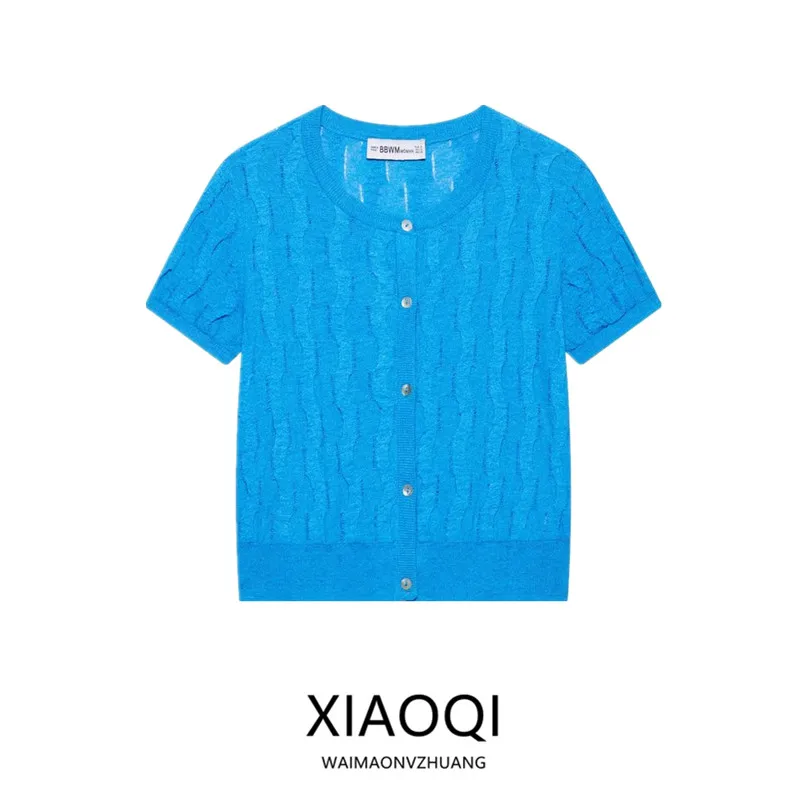 

Лето 2025: Новинка! Женская вязаная кофта с коротким рукавом и круглым вырезом, простой текстурный дизайн, для повседневной носки, укороченная.