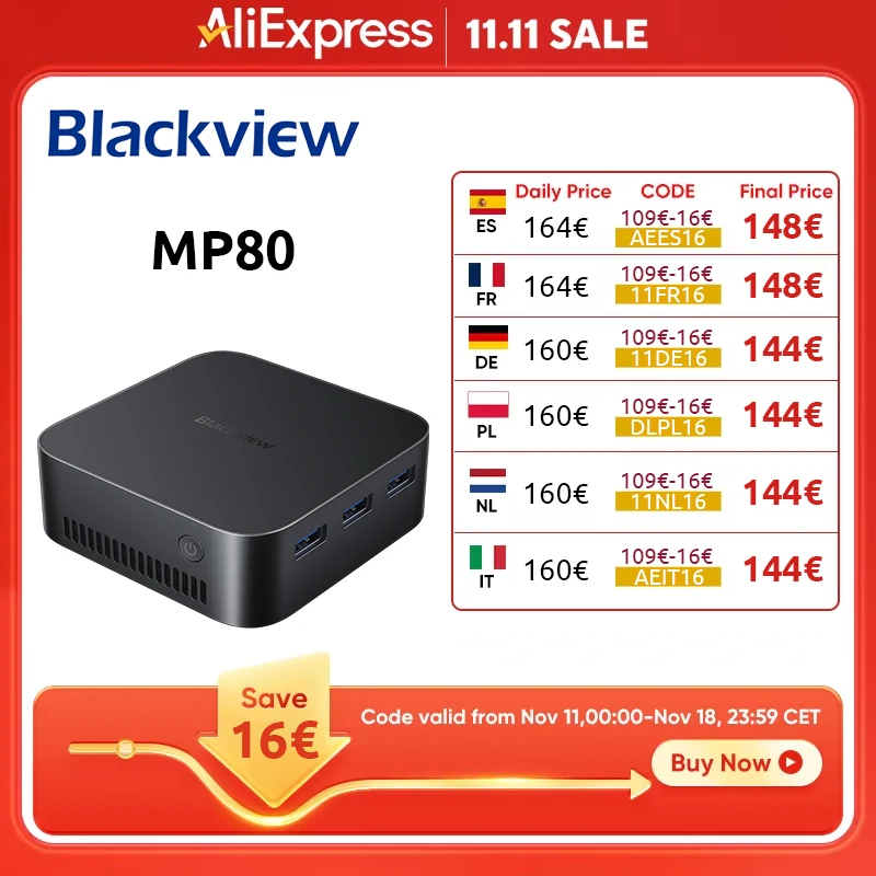 Blackview MP80 Mini PC Intel 12th N95 16GB+512GB Mini Desktop Computer Support Dual LAN 3*HDMI USB 3.0 WiFi 2.4/5G 4K UHD NEW