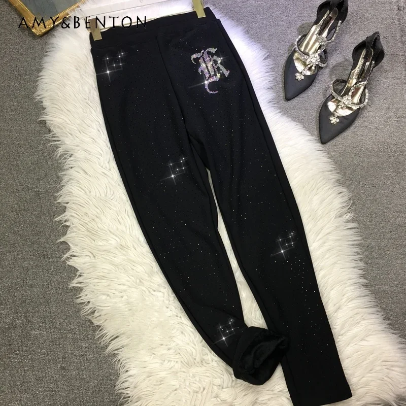 New Warm Fleece-lined Thick Leggings Diamond Drills High Waist Show Thin Black Tight Pants Autumn Winter Tappered Trousers Women