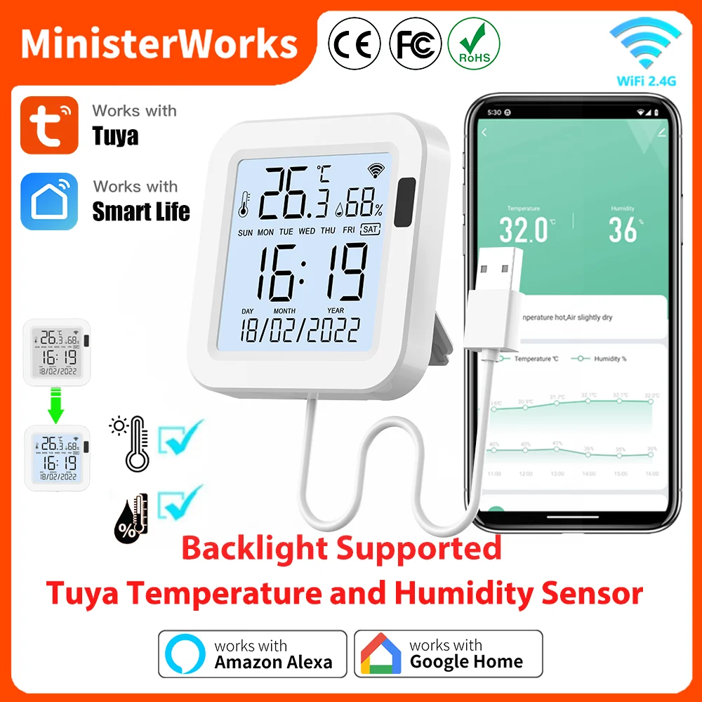 

Датчик температуры и влажности Tuya Wi-Fi с подсветкой для удаленного монитора умного дома через приложение Smart Life работает с Google Home