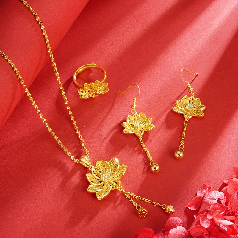 KISS&FLOWER Gold Vintage Lotus Necklace Ring Drop Earring For Women Wedding Party Birthday Christmas Bride Mother Lady Gift JS62