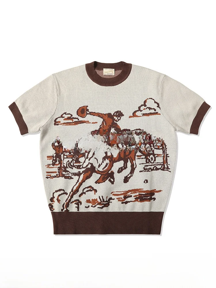 

MBBCAR Western Series Narrow Canvas High Densi Combed Cotton Knitted T-irt Retro Red Riding T-irt Breathable Summ...
