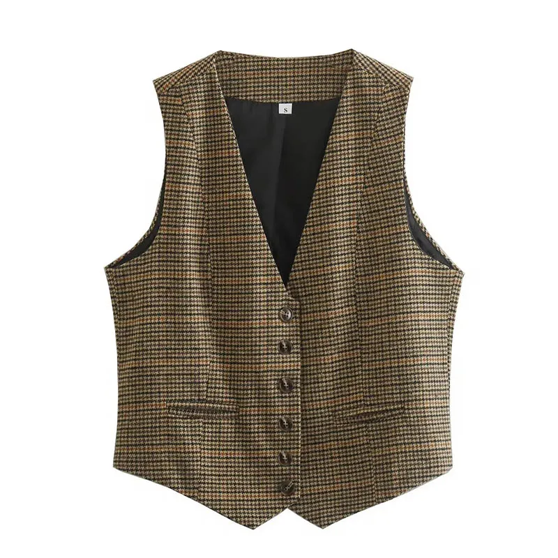 YUEYANG Vintage Brown Plaid Women Vest Sleeveless V Neck Buttons Jackets Fahison 2024 Autumn Casual Lady Waistcoats