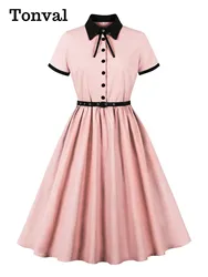 Tonval Turn-Down Collar Pink Vintage Bow Front Buttons Shirt Dress Summer Clothes for Women 2025 Belted Pleated Long Dresses