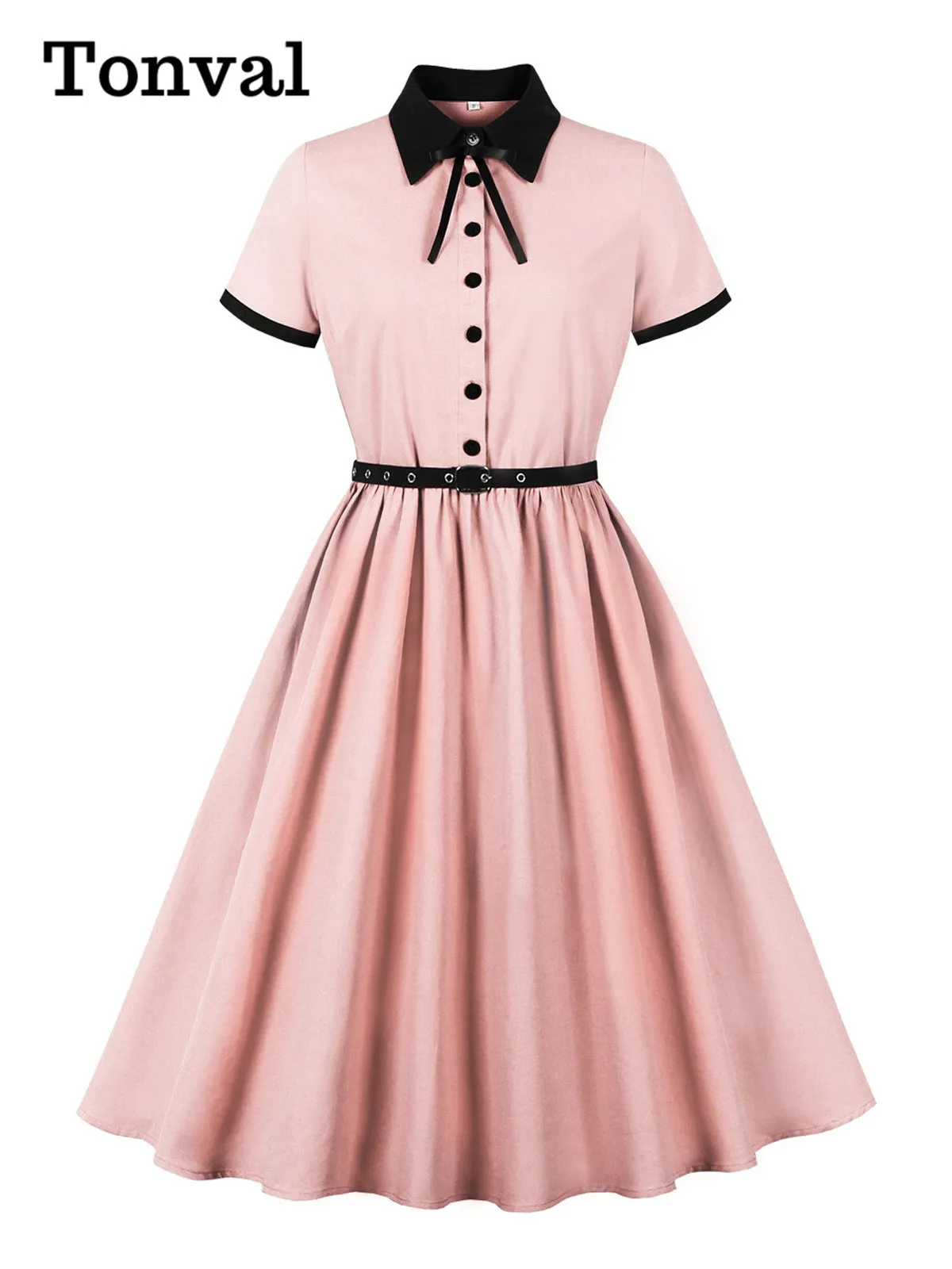 Tonval Turn-Down Collar Pink Vintage Bow Front Buttons Shirt Dress Summer Clothes for Women 2025 Belted Pleated Long Dresses