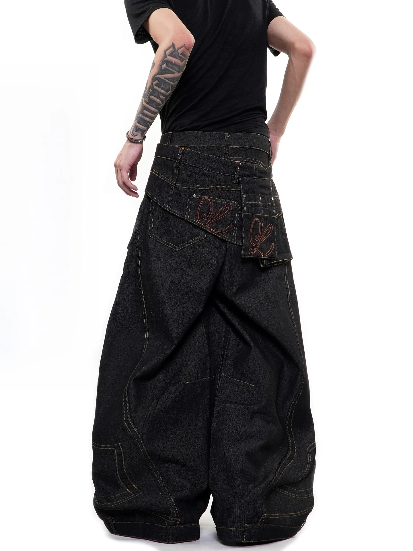 76STREET American Decomposition Waist Seal Layering Design Sense Knife Jeans Unissex Moderno Original Bull Calças de Perna Larga