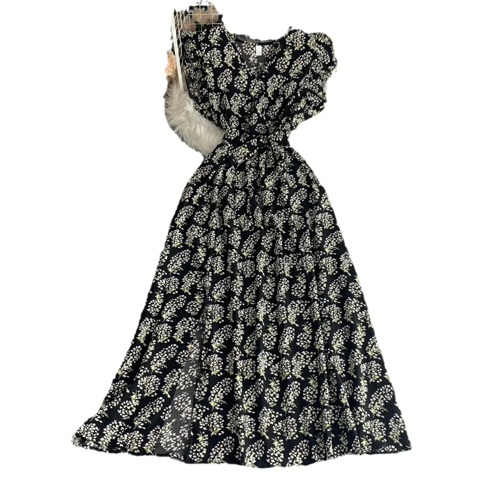 Vestido francés con cuello en V, novedad de verano, cintura plisada, adelgazante, Retro, alto temperamento, vestidos grandes con vuelo