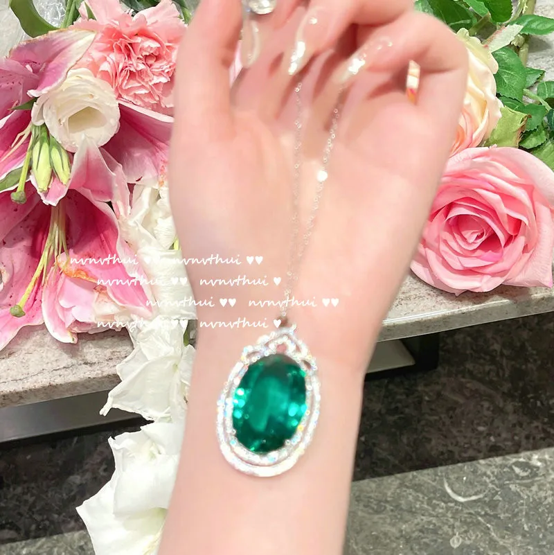 Exaggerated 12 Carat Pigeon Egg Lab Emerald Crystal Jewelry Set 925 Silver Color Green Cubic Zirconia Fashion Open Ring Necklace