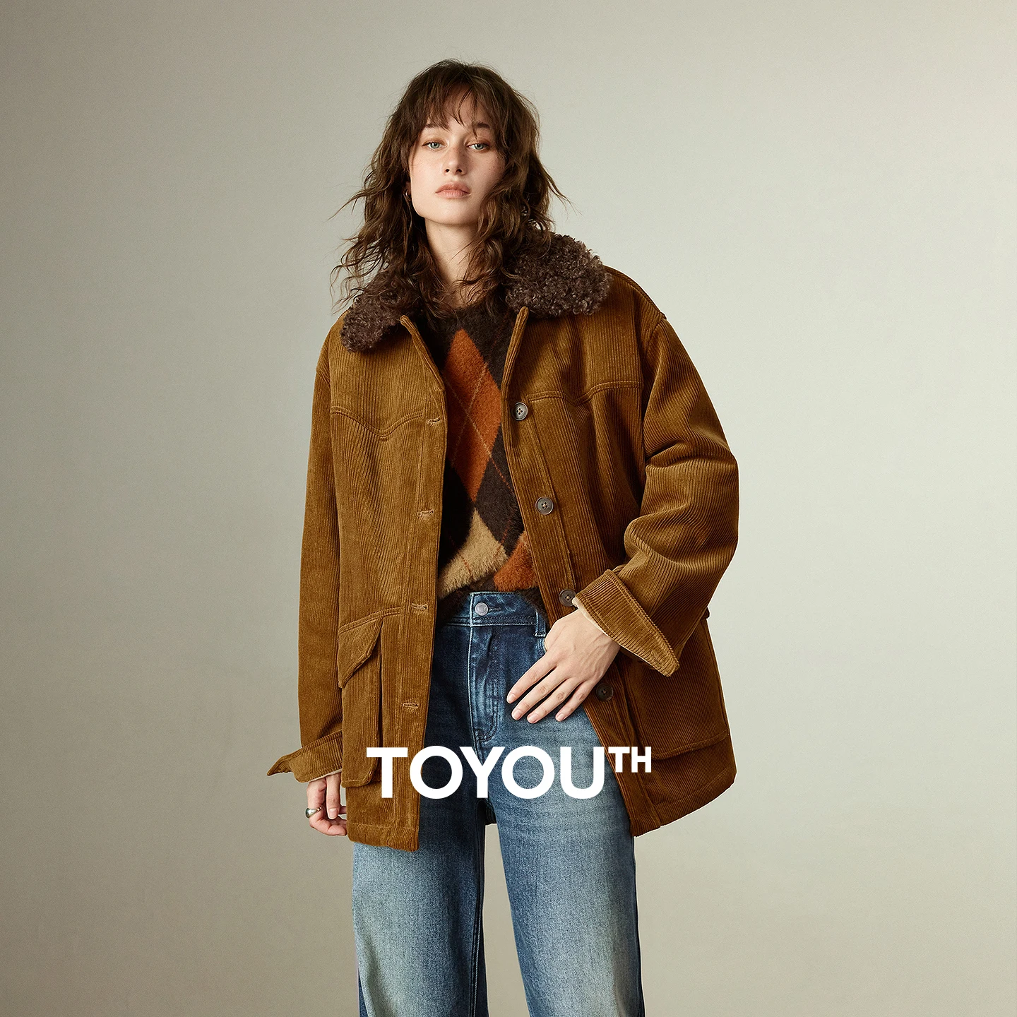 

TOYOUTH Women Coats 2025 Winter New Shearling Collar Fleece-lined Warm Oversized Nomad Style Workwear Cotton Coats