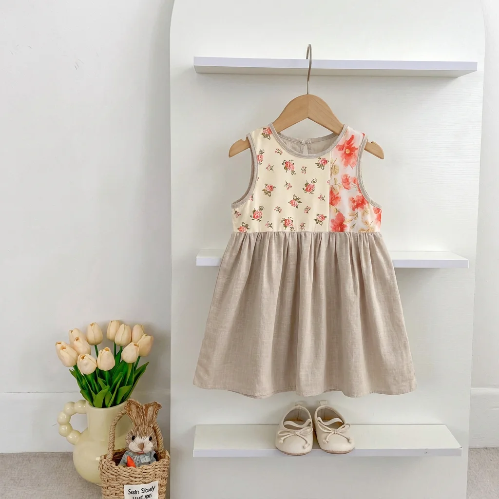 Korean style fashion Round Neck Sleeveless Floral Print Casual Dress for Girls Aged 3-7 for Daily Wear Summer Promotion