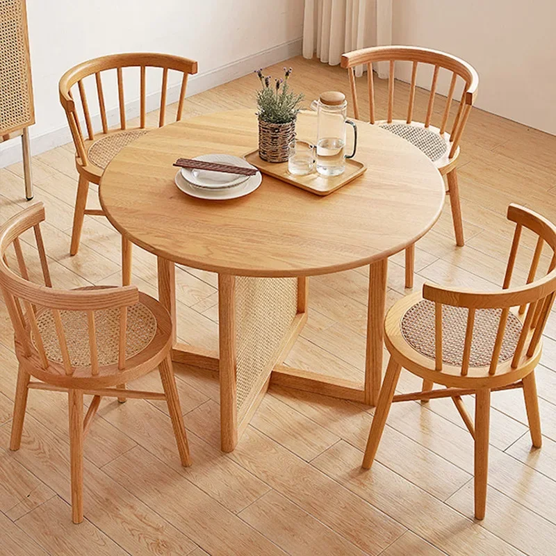 Wabi-sabi style solid wood dining table, Nordic simple small apartment rattan round table, ash wood Japanese homestay restaurant