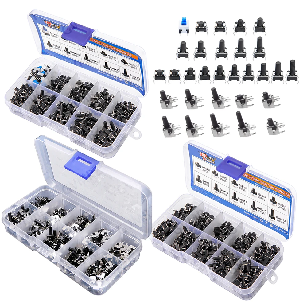 100/180/200PCS 6x6mm Micro Push Tact Switch Kit 6x6 Mini Tactile Toggle Touch Button PCB Momentary 4pin Pushbutton 6x6x4.3/5/6