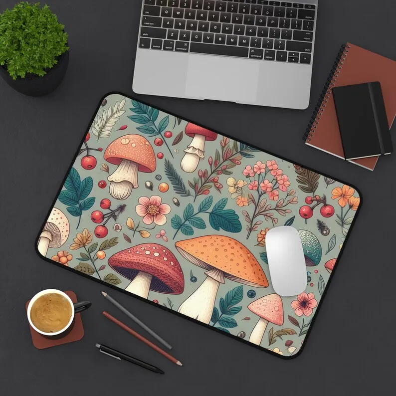 버섯과 꽃무늬 마우스 패드, 기발한 미적 책상 보호대, Cottagecore 데스크 매트, 미적 마우스 패드, 대형 데스크 매트