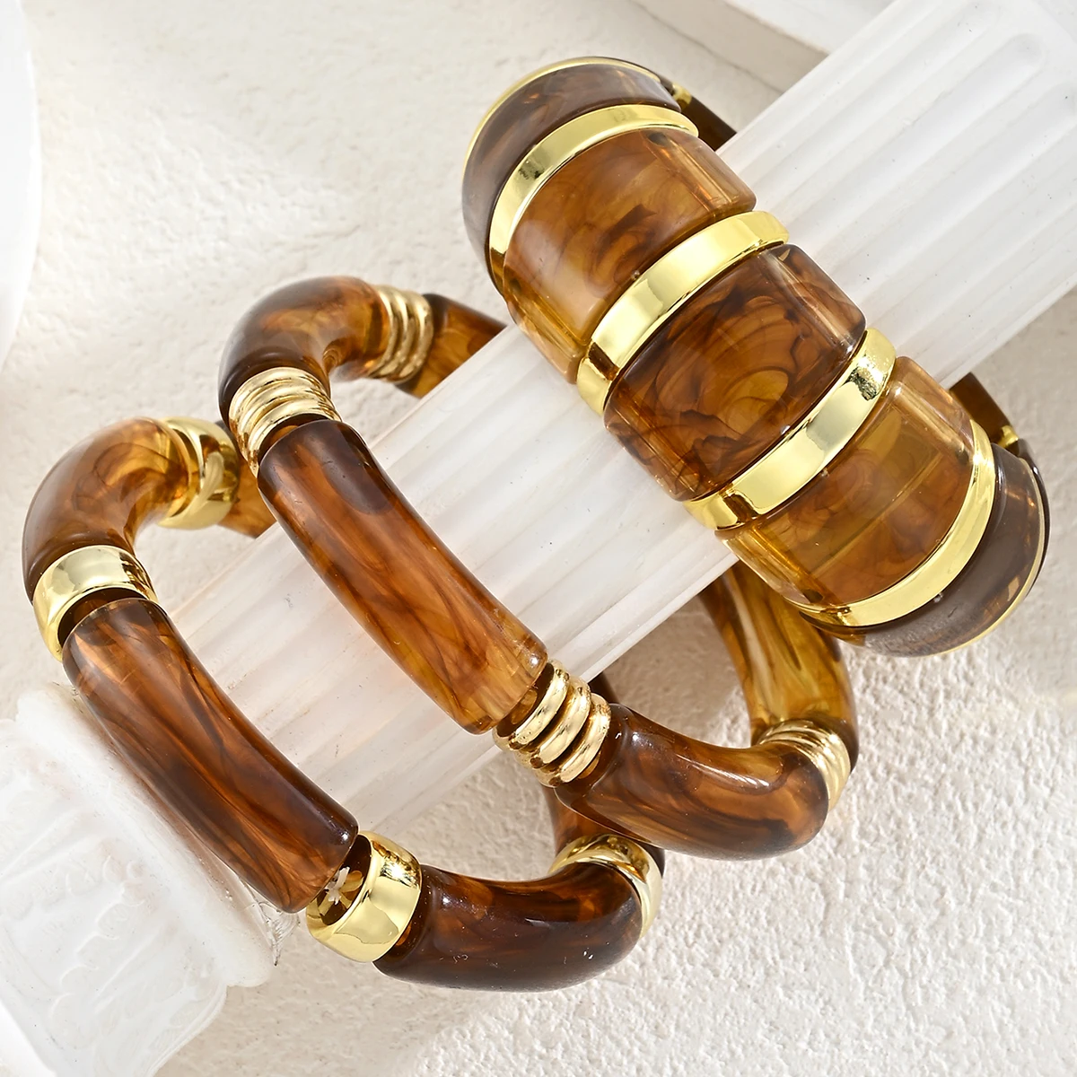 3-teiliges Set aus braunen Acryl-Armreifen im Bambus-Stil für Damen, Vintage-Schildpatt-Optik, modische, klobige, stapelbare Armbänder, Geschenke – Detail 6