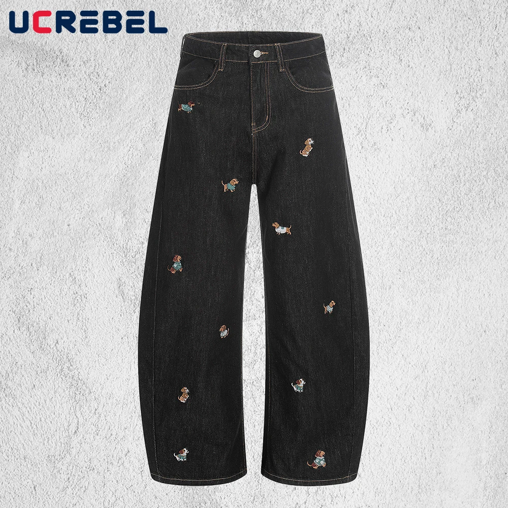 

Cartoon Puppy Embroidery Jeans Mens Casual Baggy Wide Leg Scimitar Denim Pants Man