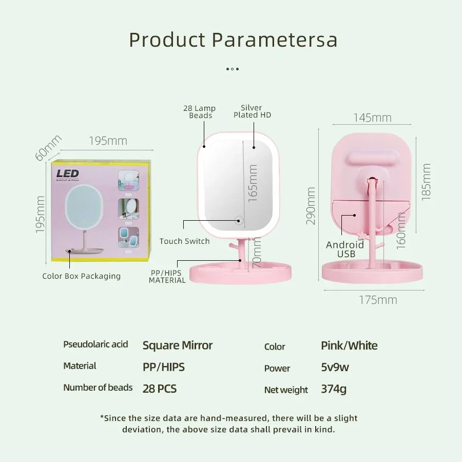 LED Vanity Mirror Intelligent Adjustable Monochrom Makeup Mirror 3color Light Desktop Fill Light Mirror One Touch Charging Model