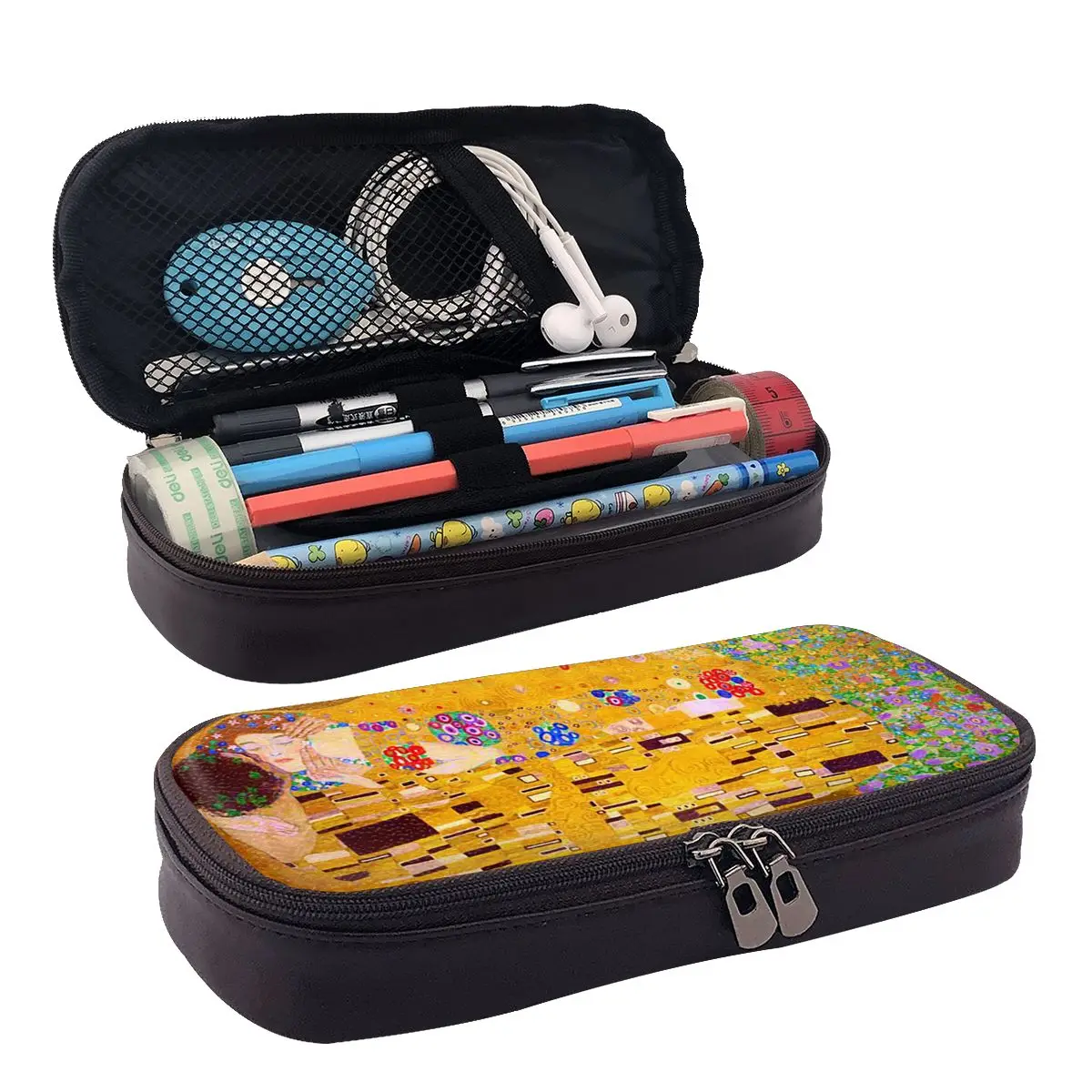 Gustav Klimt The Kiss Abstract Freyas Art Leather Pencil Case for Students School Pen Box Pencil Bag Stationery Supplies